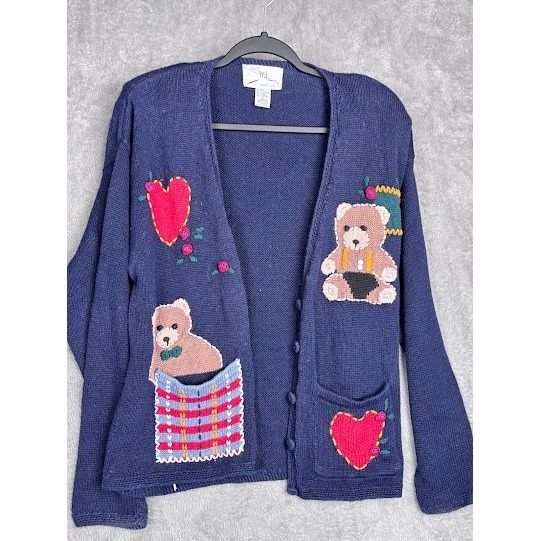 Vintage Sml Sport Ltd Teddy Bear Heart Applique Knit Cardigan Sweater Medium